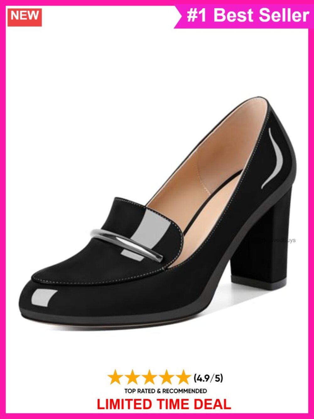 YODEKS Women's Block Heel Loafer Pumps Round Toe 3.3 Inch Slip On Heels
